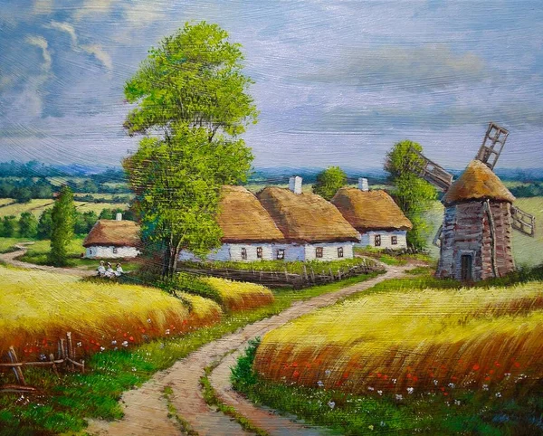 Peintures Huile Paysage Rural Champ Blé Doré Beaux Arts Oeuvre — Photo