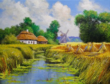 Old village in Ukraine, traditional ukrainian rural house, windmill in the countryside. Digital oil paintings rural landscape, fine art, artwork, landscape with river and trees clipart