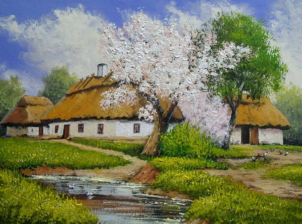 Dipinti Olio Paesaggio Rurale Vecchio Villaggio Casa Ucraina Vecchia Casa — Foto Stock