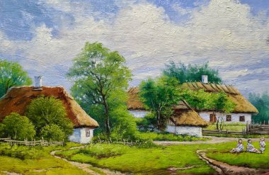 Yağ tabloları, Ukrayna 'daki eski bir köy, gölü ve evi olan bir manzara, göleti olan bir bahçe, ormandaki bir ev.
