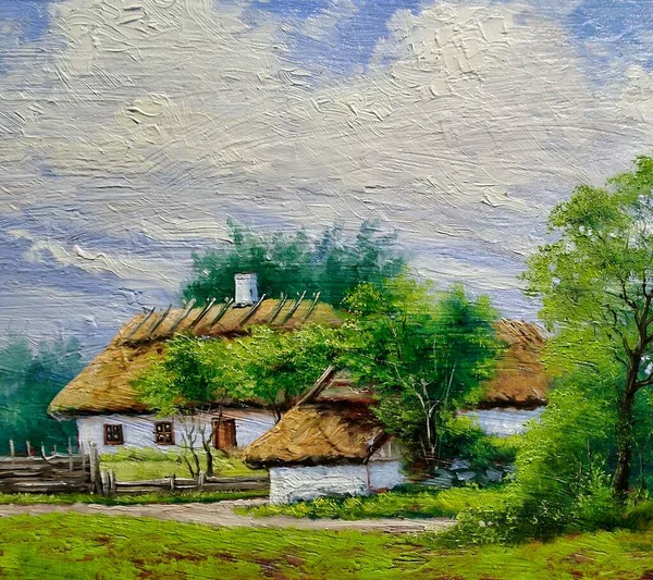 Ölgemälde Ländliche Landschaft Altes Dorf Der Ukraine Landschaft Mit Teich — Stockfoto