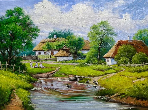 Pinturas Óleo Paisagem Rural Aldeia Velha Ucrânia Paisagem Com Uma — Fotografia de Stock
