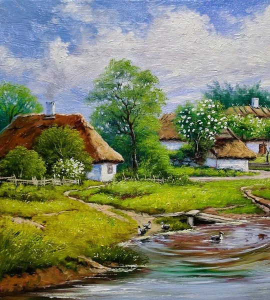 油画乡村风景 乌克兰古老的村庄 有池塘和房子的风景 有池塘的花园 森林中的房子 — 图库照片