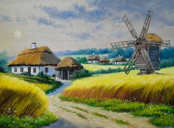 Картины Маслом Сельский Пейзаж Ветряной Мельницей Заднем Плане Ветряная Мельница — стоковое фото