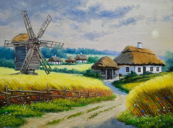 Peintures Huile Paysage Rural Avec Moulin Vent Arrière Plan Moulin — Photo