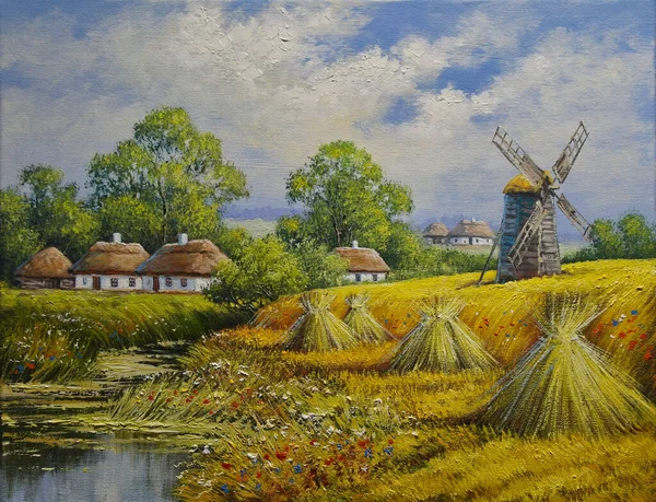 Oil paintings rural landscape, summer, windmill in the field of flowers. Fine art, artwork