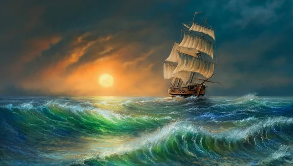 Oil paintings sea landscape,  ship sailing in the sea. Beautiful seascape with an old sailing ship, moon and transparent waves, realism, many details. Fine art, artwork