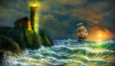 Denizde eski bir deniz feneri. Yağlı boya deniz manzarası, denizde giden bir gemi. Eski bir yelkenli, ay ve şeffaf dalgalar, gerçekçilik ve birçok detay barındıran güzel bir deniz manzarası. Güzel sanatlar, sanat eserleri