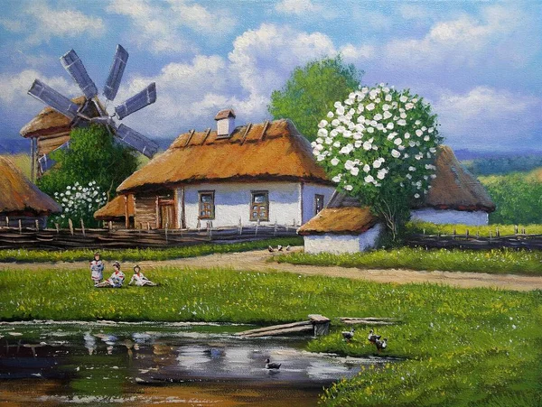 Oil paintings rural landscape, old huts, old house in the village ...