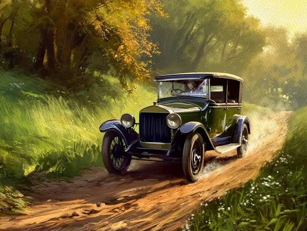 絵画農村風景 森の中の古い車 — ストック写真