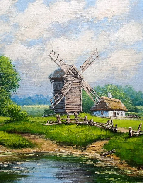 田舎の古い風車 油彩画農村風景 アートワーク — ストック写真