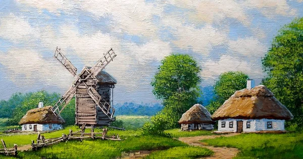 Старая Ветряная Мельница Сельской Местности Картины Маслом Сельский Пейзаж Изобразительное — стоковое фото