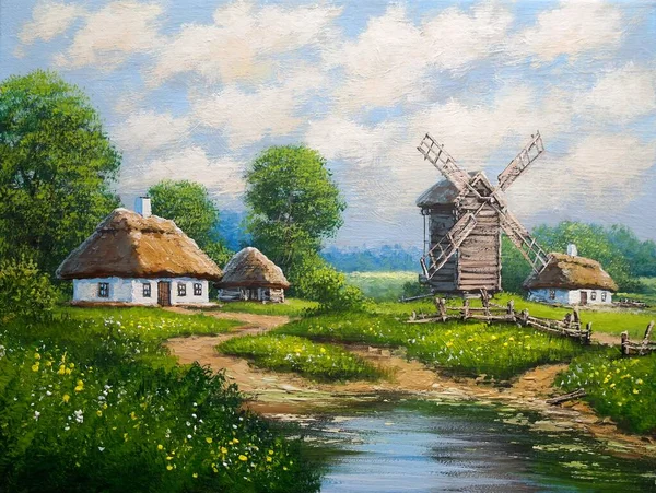 Ancien Moulin Vent Campagne Peintures Huile Paysage Rural Beaux Arts — Photo