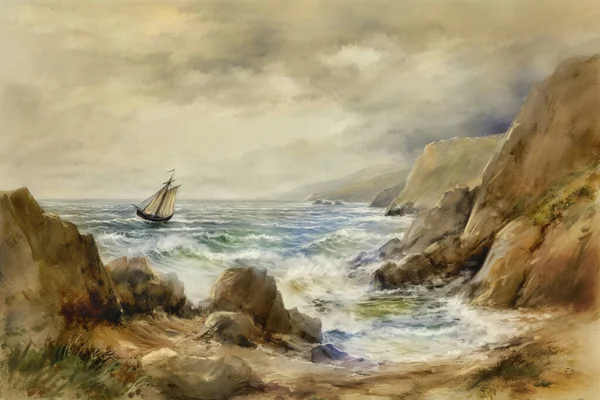 stock image Paintings sea landscape, old ship, waves crashing on rocks