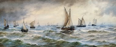 Güzel sanat eserleri. Açık denizde çok sayıda balıkçı teknesi var. Balıkçı, gemi, tekne, deniz manzarası, yağlı boya tabloları.. 