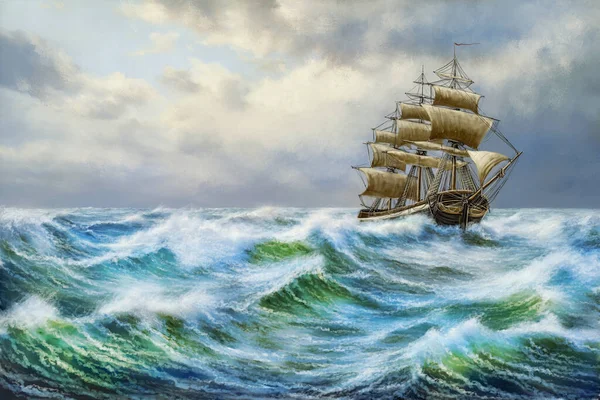 Старый Корабль Море Картины Маслом Морской Пейзаж — стоковое фото