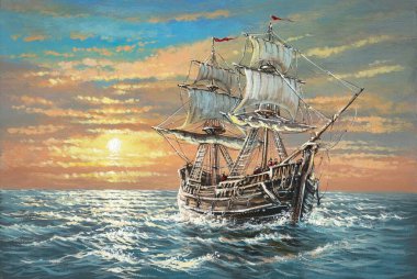 Old ship in the ocean.  An old sailing galleon floats in the ocean, sunset, sails, waves. Pirate ship, frigate. A work of art, oil painting, handmade. clipart