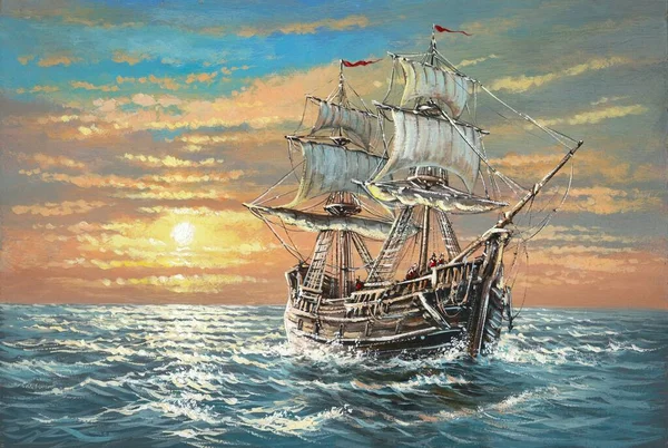 Stary Statek Oceanie Stary Galeon Pływa Oceanie Zachód Słońca Żagle — Zdjęcie stockowe