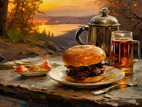 Obrazy Olejne Martwa Natura Śniadanie Tarasie Hamburger Kawa Las Tle — Zdjęcie stockowe