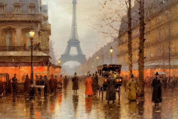 Oil paintings landscape, night view of the city of the city. Artwork, fine art, people walking on the street, old Paris