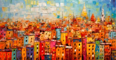 Petrol resimleri şehir manzarası. Renkli kalın çıkmazlı, şehir manzaralı, arka plan boyalı..