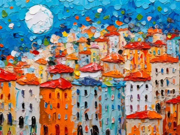 Oil Paintings City Landscape Colorful Thick Impasto City Landscape Painting — Stock Photo, Image