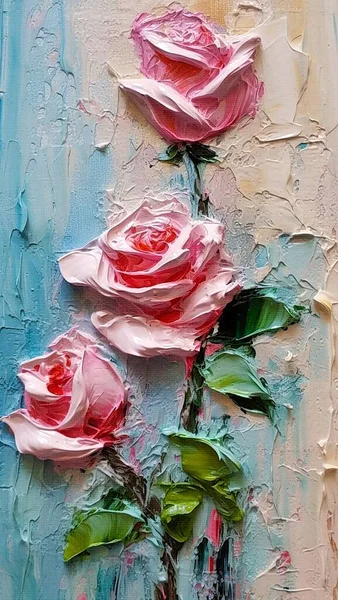 油画景观 五颜六色的浓浓的泥巴 山水画 油漆的背景 红色的玫瑰在古老的木制背景上 — 图库照片