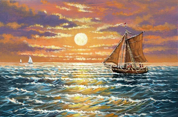 Картины Маслом Морской Пейзаж Парусник Море Fine Art Artwork — стоковое фото