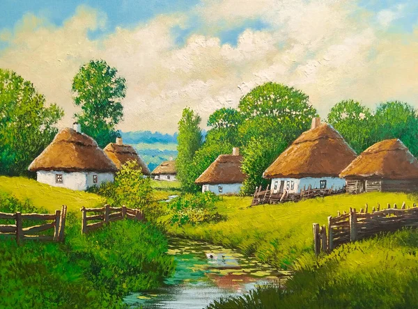 村の油彩画農村風景 古い村 古い小屋 美術品美術品 — ストック写真