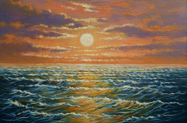 Yağlı boya tabloları deniz manzarası, gün batımında dalgalar, denizde dalgalar. Güzel sanatlar, sanat eserleri