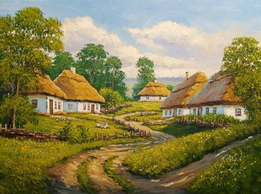 Beautiful rural landscape, old Ukrainian houses surrounded by a blooming garden of flowers, a wooden fence and thatched roofs, traditional house in the old village