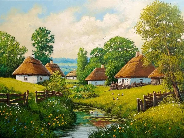 Beautiful Rural Landscape Old Ukrainian Houses Surrounded Blooming Garden Flowers — Stockfoto