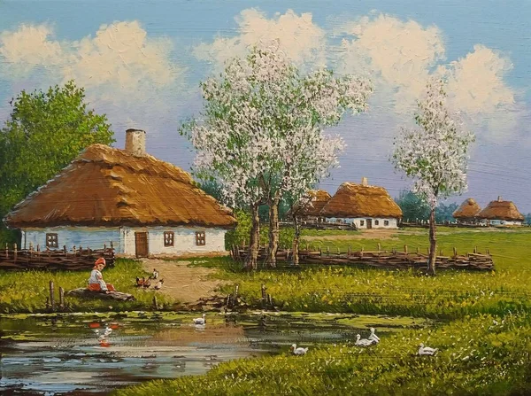 Beautiful Rural Landscape Old Ukrainian Houses Surrounded Blooming Garden Flowers — 스톡 사진