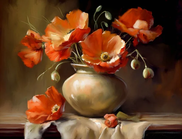 デジタル油絵 まだケシの花との生活 美術品美術品 — ストック写真