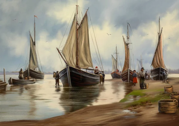 Цифровые Картины Маслом Пейзаж Рыбацкие Лодки Гавани Изобразительное Искусство — стоковое фото
