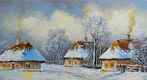 油彩画農村風景 古い村だ 村の冬 雪の中の家 — ストック写真