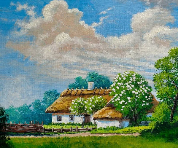 Пейзаж Картина Маслом Холсте Украина Пейзаж Деревней Летом — стоковое фото