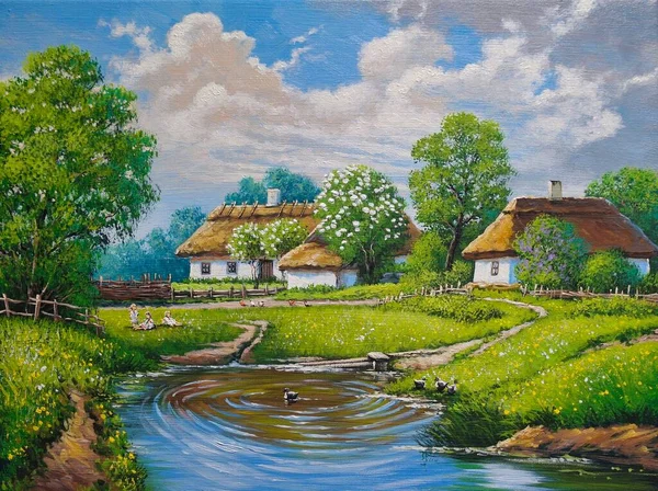 キャンバス上の油絵 ウクライナ 森と川の家 池と木のある風景 — ストック写真