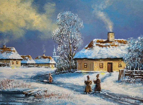 油彩画農村風景 古い村だ 村の冬 雪の中の家 — ストック写真