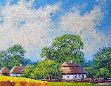 Köyün kırsal kesimindeki yağlı boya resimleri. Eski köy, yaz manzarası, eski kulübeler. Güzel sanatlar, sanat eserleri