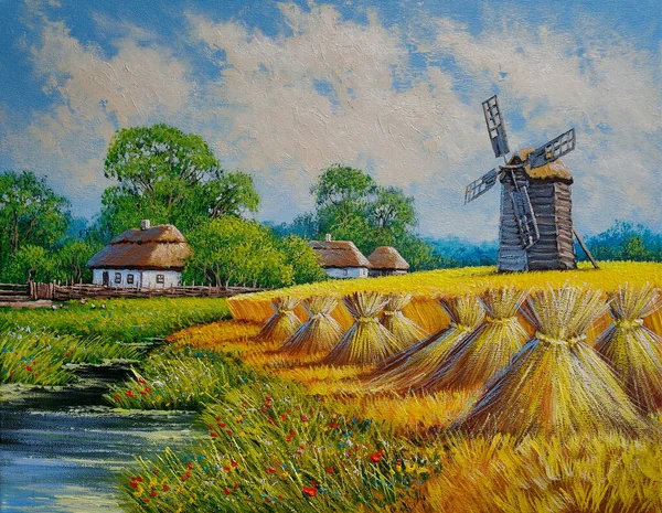 村の油彩画農村風景 夏の風景 古い小屋 美術品美術品 — ストック写真