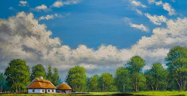 Oil Paintings Summer Landscape Rural Landscape Windmill Country Old Village — Stock Photo, Image
