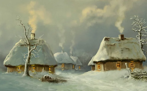 Obrazy Krajobraz Zimowy Wsi Śniegiem Stara Wioska Stare Chaty — Zdjęcie stockowe