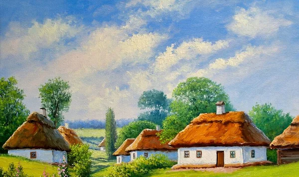 Paisaje Pintura Óleo Sobre Lienzo Ucrania Casa Bosque Río Paisaje —  Fotos de Stock
