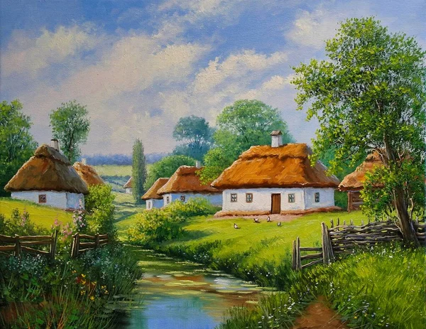 Paisaje Pintura Óleo Sobre Lienzo Ucrania Casa Bosque Río Paisaje —  Fotos de Stock