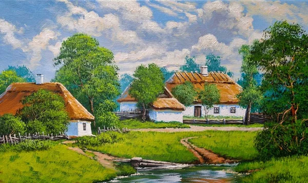 Landscape Oil Painting Canvas Ukraine House Forest River Landscape Pond — Stock Photo, Image