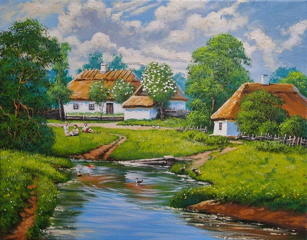Pejzaż Obraz Olejny Płótnie Ukraina Dom Lesie Rzece Krajobraz Stawem — Zdjęcie stockowe