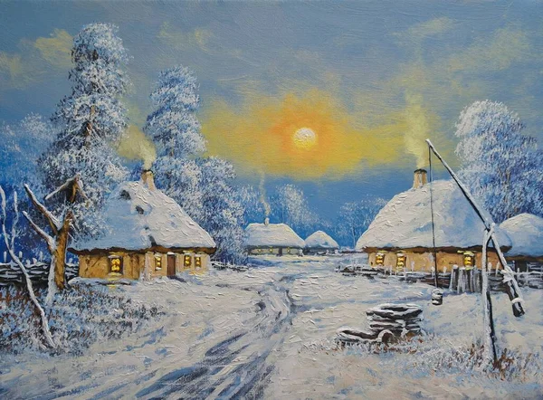 油彩画農村風景 雪に覆われた木と冬の風景 雪に覆われた橋で冬の風景 — ストック写真