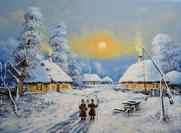 油彩画農村風景 雪に覆われた木と冬の風景 雪に覆われた橋で冬の風景 — ストック写真