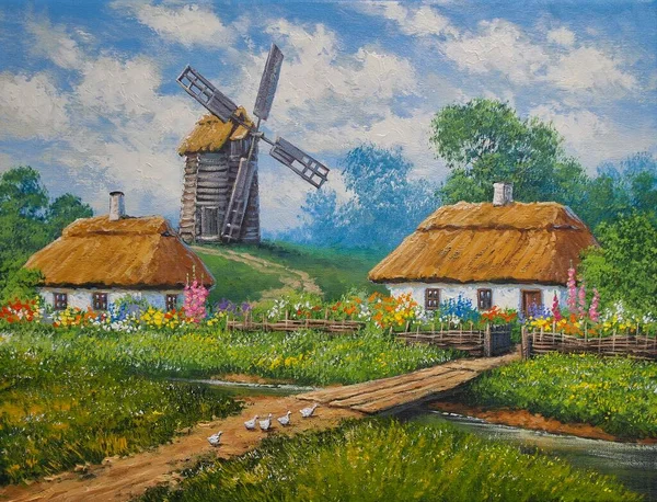 油彩画農村風景 国の村の風車 — ストック写真